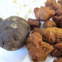 chicharrón based on soybeans, mote, and Chuño (small dried potatoes).  at Lupito Cocina Vegana in La Paz