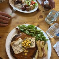 Milanesa napolitana at the front Paradilla at the back  at Lupito Cocina Vegana in La Paz