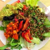 stacked up on fresh vegan options from the salad bar at Cafe Kamiel in Antwerpen
