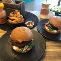 Mama burger, onion rings & juice. Delightful. Highly recommend a visit here!!!!!  at MooFree Burgers - North Lakes in Moreton Bay Region