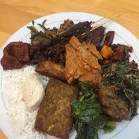 Mixed plate with a lot of mock meats, rice, and some vegetables at Vetran Vegetarian Food in Medan