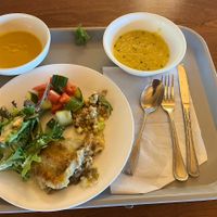 Shepherds pie with squash soup, salad, & I can’t recall the name of the other dish in the photo    at Art of Living Retreat Center in Boone