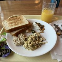 Vegan cream cheese with nuts, toast, & vegan scramble   at Art of Living Retreat Center in Boone