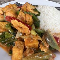 Rice with red chilli paste, tofu and vegetables  at The Chill in Trat