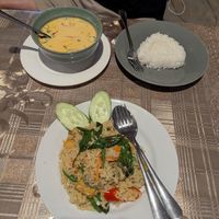 Green curry fried rice and curry with rice at The Chill in Trat