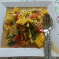 Delicious mixed vegetables with red curry sauce at The Chill in Trat