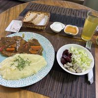 Seitan, potatoes, salad, bread, tea, and dessert!  at Govinda's - Diego Portales in Santiago