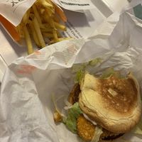 vegan chicken sandwich and fries  at MAX in Copenhagen