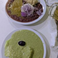 Ocopa de quinoa, Beans, rice and mock meat at Vida Sana - Jr. Camaná in Lima