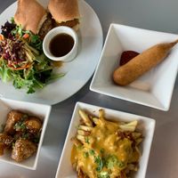 French Onion Dip Sandwich, Sesame Ginger Maple cauliflower wings, jackfruit poutine, corn dog at Hearts Choices - NorthEast in Calgary