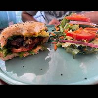 Beyond meat Burger mit Salat (optional mit Fries) at Fresco Habito in Playa Del Carmen