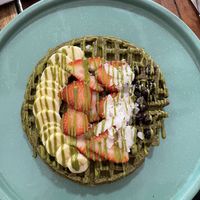 Matcha Waffles (without coco yogurt)  at Fresco Habito in Playa Del Carmen