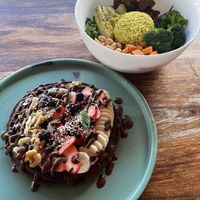 Cacao Waffles and a custom buddha bowl 💚  at Fresco Habito in Playa Del Carmen
