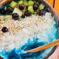 Blue spirulina bowl  at Fresco Habito in Playa Del Carmen