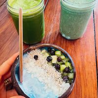 Smoothies and a blue spirulina smoothie bowl  at Fresco Habito in Playa Del Carmen
