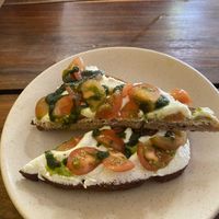 Pesto toast with their house made cheesee  at Fresco Habito in Playa Del Carmen
