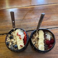 On the right is the peanut butter cacao bowl  at Fresco Habito in Playa Del Carmen