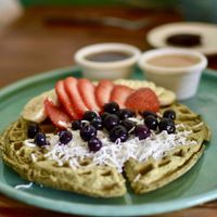 Waffles matcha  at Fresco Habito in Playa Del Carmen