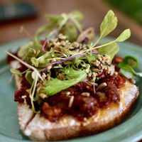 Almond and dried tomatoes toast  at Fresco Habito in Playa Del Carmen