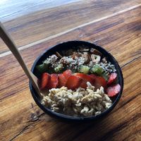 Mango smoothie bowl 100 pesos at Fresco Habito in Playa Del Carmen