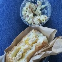 Fish fillet and macaroni salad. at Vegan Picnic in San Francisco