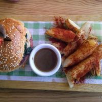 Gourmet Hamburger with paprika  potato wedges. at Macai in Puerto Vallarta
