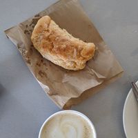 Vegan pasty and a soy chai latte at Yankalilla Bakery  in Yankalilla