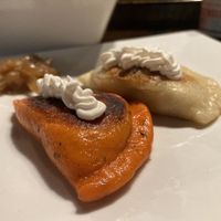 Red one is Tomato, Balsamic, Basil; white is Potato, Sauerkraut & Mushroom. I’d go with the later only next time.  at Pierogi Mountain in Columbus