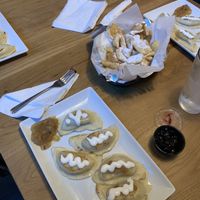 The vegan sauerkraut and mushroom pierogis and funnel cake bites. at Pierogi Mountain in Columbus