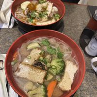 Vegan pho (close) and spicy vegan pho (far)  at Tina Vietnamese Cuisine (V-Cafe) in New Westminster
