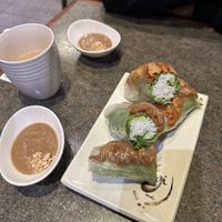 Ginger chicken salad roll (near) and lemongrass chicken salad roll (far) - both vegan with peanut sauce   at Tina Vietnamese Cuisine (V-Cafe) in New Westminster