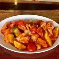 Stir fry curry veggies sweet & sour with chicken at Yo Vegan in Phuket
