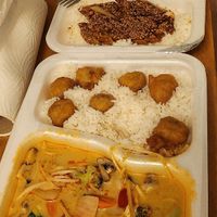 Rotes Curry+gebackenes Huhn vorne, Chop Suey+gebackene Ente hinten at Vegan Express in Leipzig