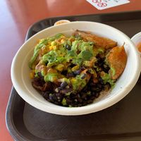 Bowl with carnitas  at Oasis Vegetarian Cafe in Riverside