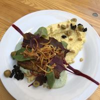 Seitan chicken steak with blue cheese sauce and mashed potatoes. at Die Küche in Brno
