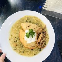 potato pies filled with robi meat, zucchini cabbage and fried onion - daily menu treat😄 at Die Küche in Brno