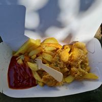 Battered sausages at Robertson's Chips Away in Whitby