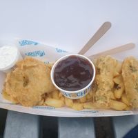 Pea fritter - left   Veggie sausages- right at Robertson's Chips Away in Whitby