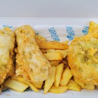 Plenty of vegan options than Papa's fish n chip! Lovely Pea Fritter, Battered vegetable sausages and of course, chips! at Robertson's Chips Away in Whitby