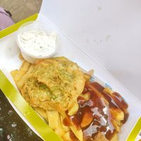 Mushy pea fritter, chips, gravy and tartar sauce at Robertson's Chips Away in Whitby