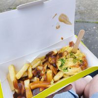 Mushy pea fritter and chips (highly recommend) at Robertson's Chips Away in Whitby