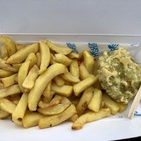 Chips and pea fritter   at Robertson's Chips Away in Whitby
