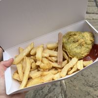 Pea fritter and chips  at Robertson's Chips Away in Whitby