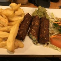 Chips and sausages at Robertson's Chips Away in Whitby