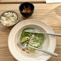 Jasmine rice in salad leaves with deep fried onions, ginger, nashi pear, wasabi #Veganuary at Rutabaga in Stockholm
