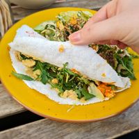 Inside of the tapioca with hummus and tofu at The Food for Real in Lisbon