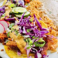 Vegan Adobada tacos plate. Delicious and the beans are on point!   at La Charrita in Santa Clarita