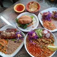 (Clockwise) Torta with cactus "meat," sopes (I don't remember if it was cauliflower or jackfruit), carne en jugo vegana, and mole burrito. at La Charrita in Santa Clarita