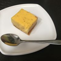 Small passion fruit desert with menu of day at Saudavel in Manizales