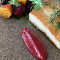 Vegan Haloumi with beetroot and beetroot reduction (I think) haloumi so light and fluffy and perfectly crispy outside :) at Assaggini in Mornington